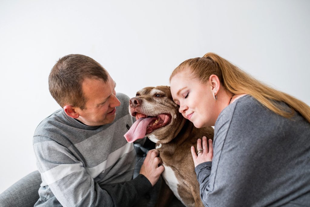 A couple embrace their rescued family pitbull