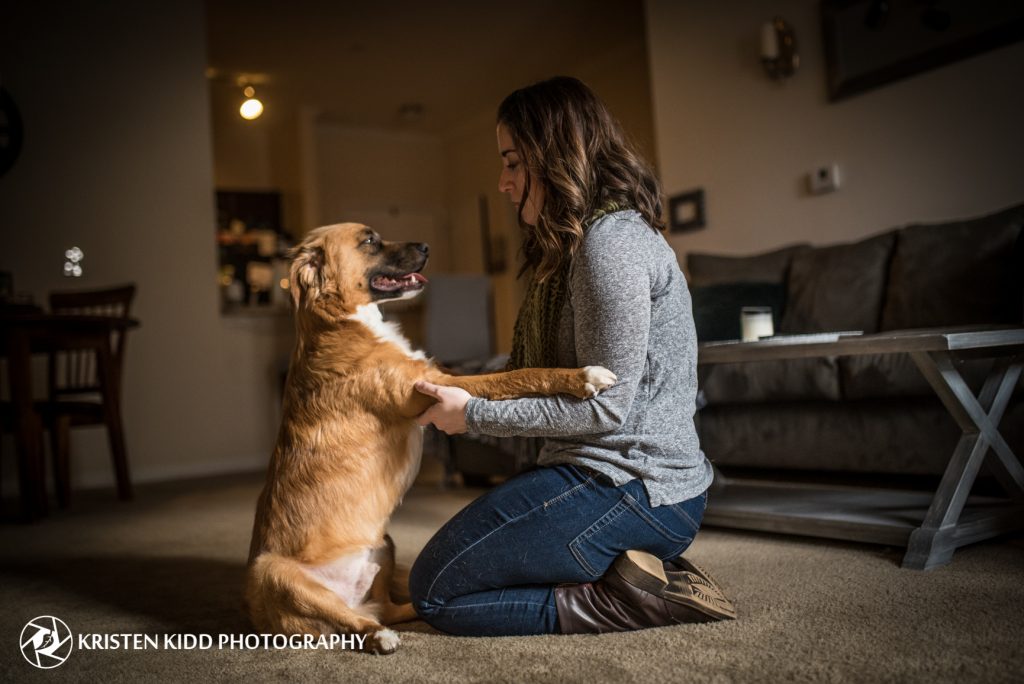 woman and dog in in home pet photo session in Philadelphia with Pet photographer Kristen Kidd Photography 